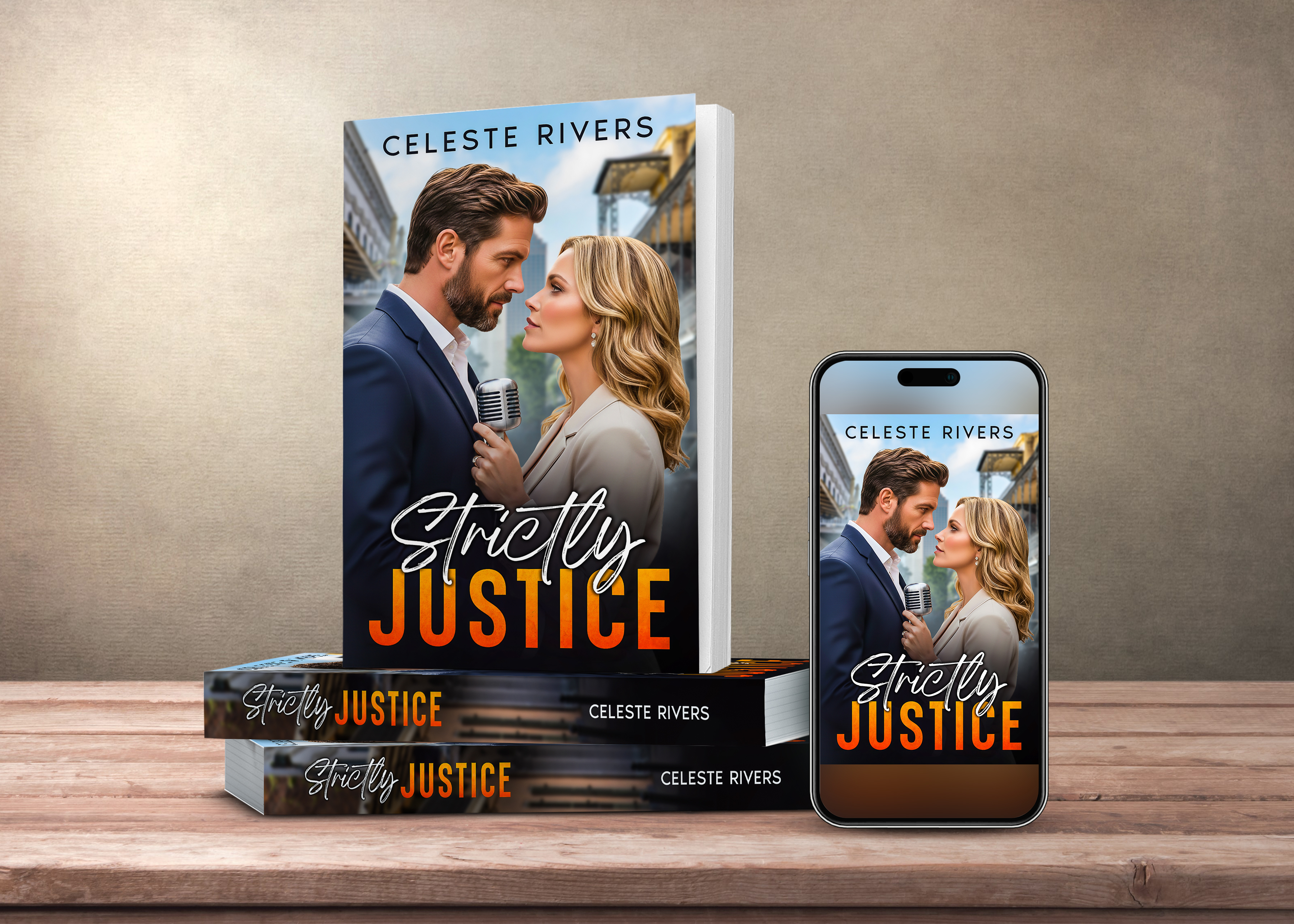 Strictly Justice: A Reporter Meets DA Age Gap Romance - Book mockup showing hardcover, stacked copies, and phone display